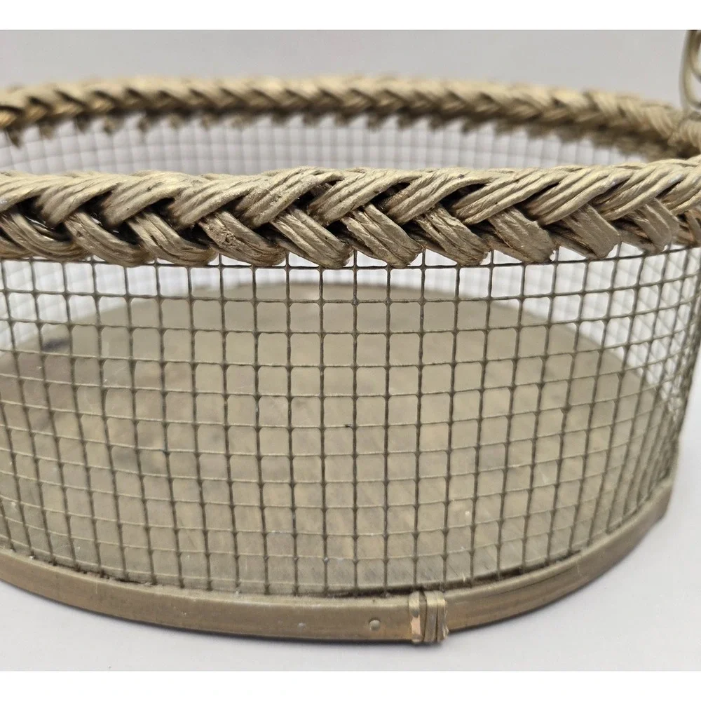 Vintage Gold Toned Oval Mesh Metal Basket Woven Wicker Rim B#33